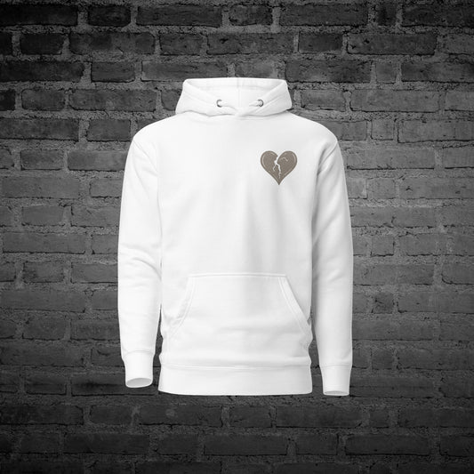 White Our Sorrow Began Hoodie front view with cracked heart design.