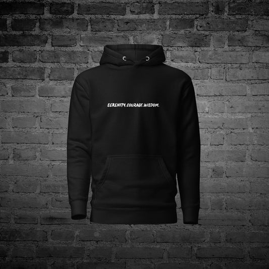 Black Serenity Courage Wisdom Hoodie front view with recovery affirmation text design.