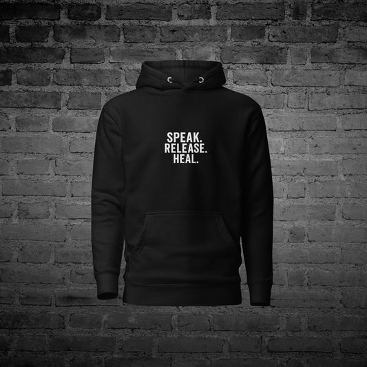 Black Speak Heal Release Hoodie front and back view with healing and recovery text design.