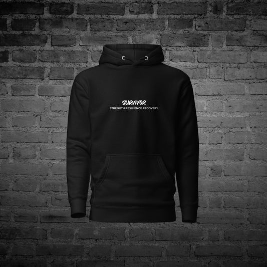 Black Strength and Resilience Hoodie front view with survivor empowerment text design.