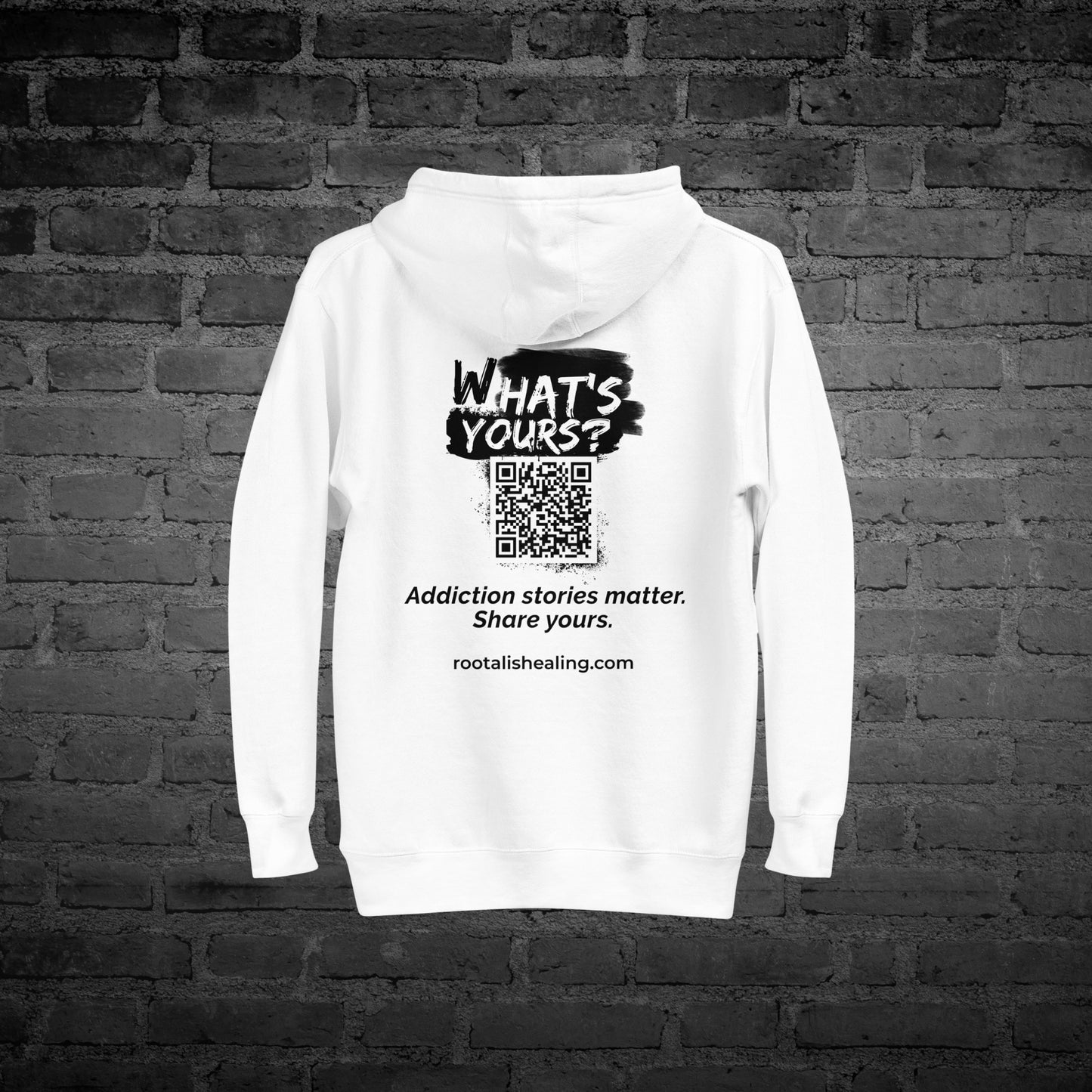 White Whats Yours Hoodie flat lay back view with “Whats Yours” awareness text design.