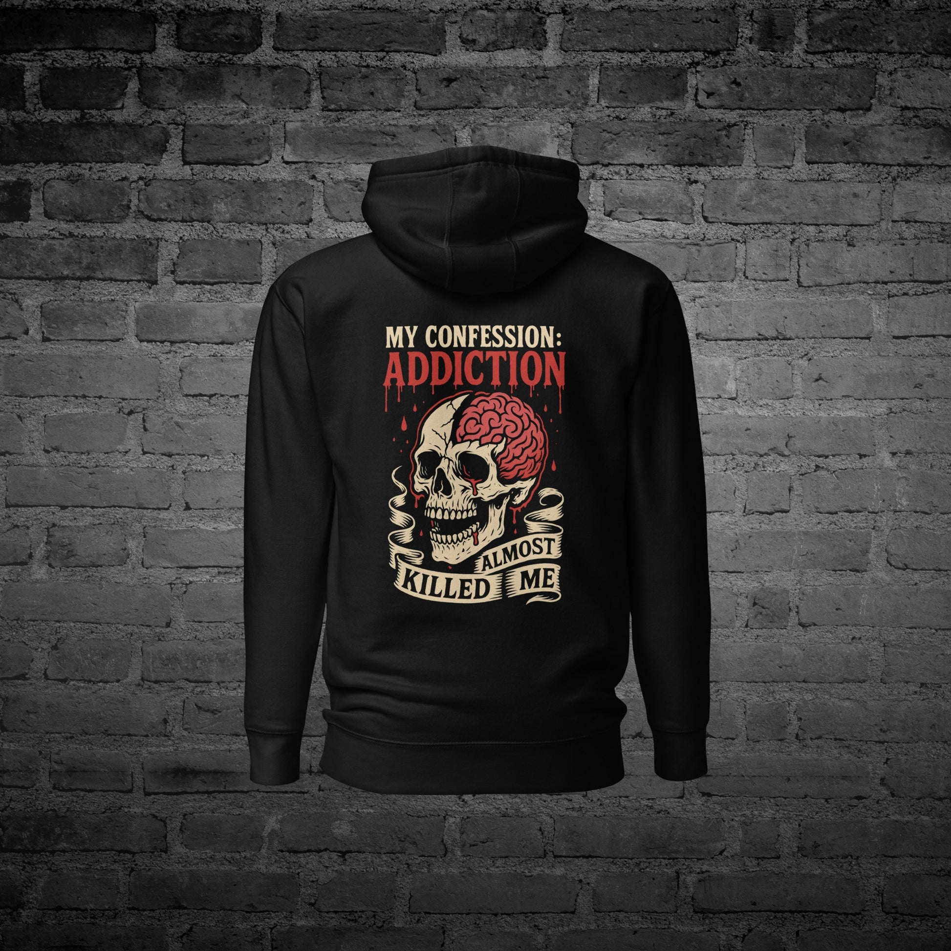 Black Addiction Almost Killed Me Hoodie back view with “Addiction Almost Killed Me” text design.