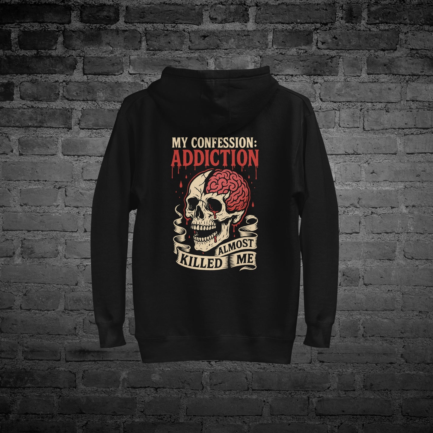 Black Hoodie flat lay back view with “Addiction Almost Killed Me” text design.