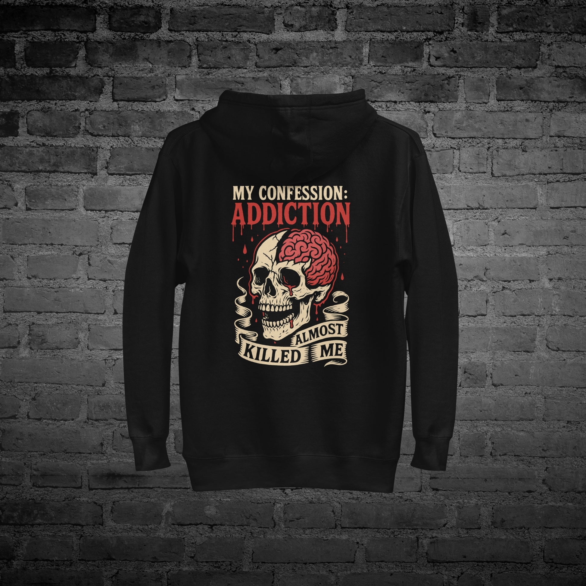 Black Hoodie flat lay back view with “Addiction Almost Killed Me” text design.