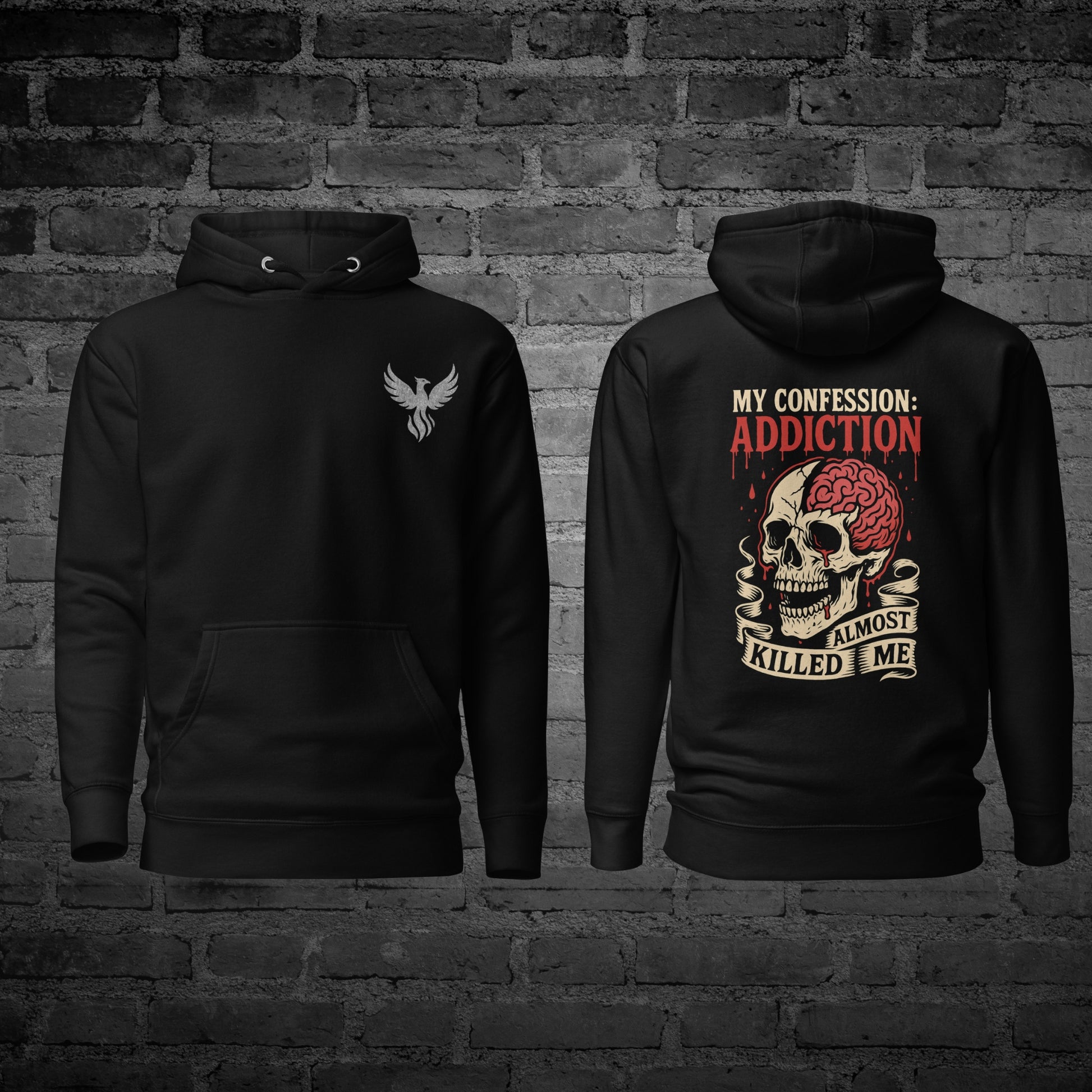 Black Addiction Almost Killed Me Hoodie front and back view with recovery truth text design.
