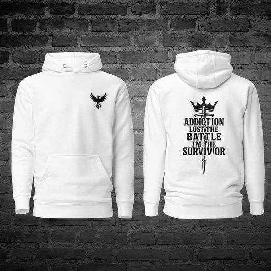White Addiction Lost the Battle Hoodie front and back view with recovery victory text design.
