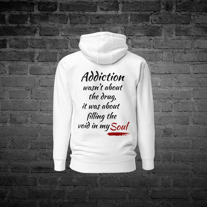 White Filling the Void Hoodie back view with “Filling the Void” text design.