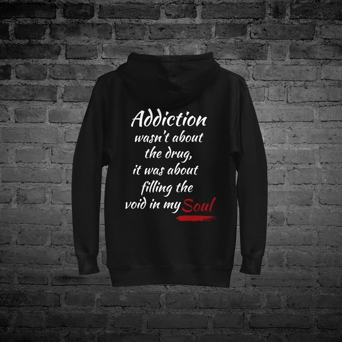 Black Filling the Void Hoodie flat lay back view with “Filling the Void” text design.