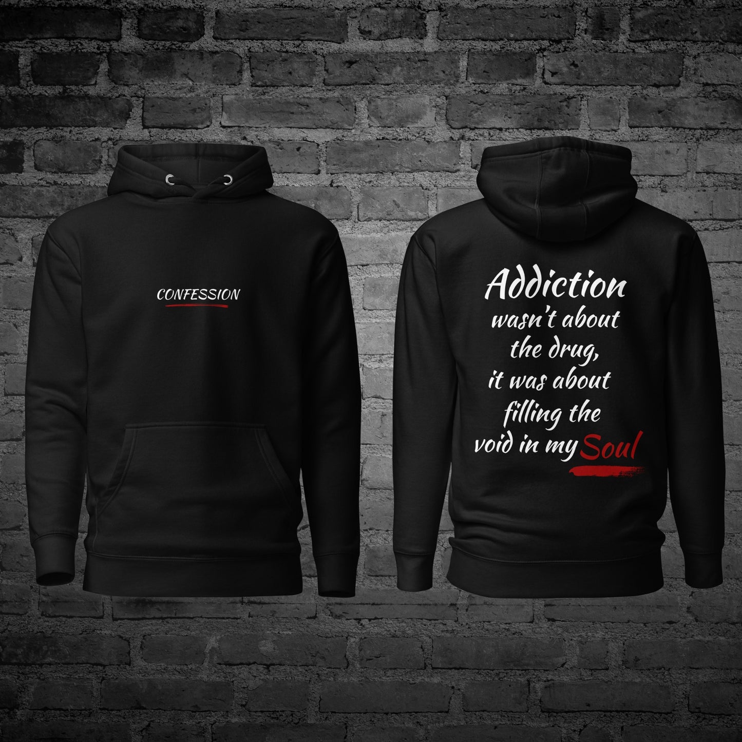 Black Filling the Void Hoodie front and back view with recovery honesty text design.
