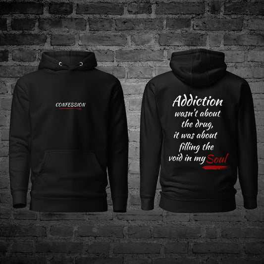 Black Filling the Void Hoodie front and back view with recovery honesty text design.