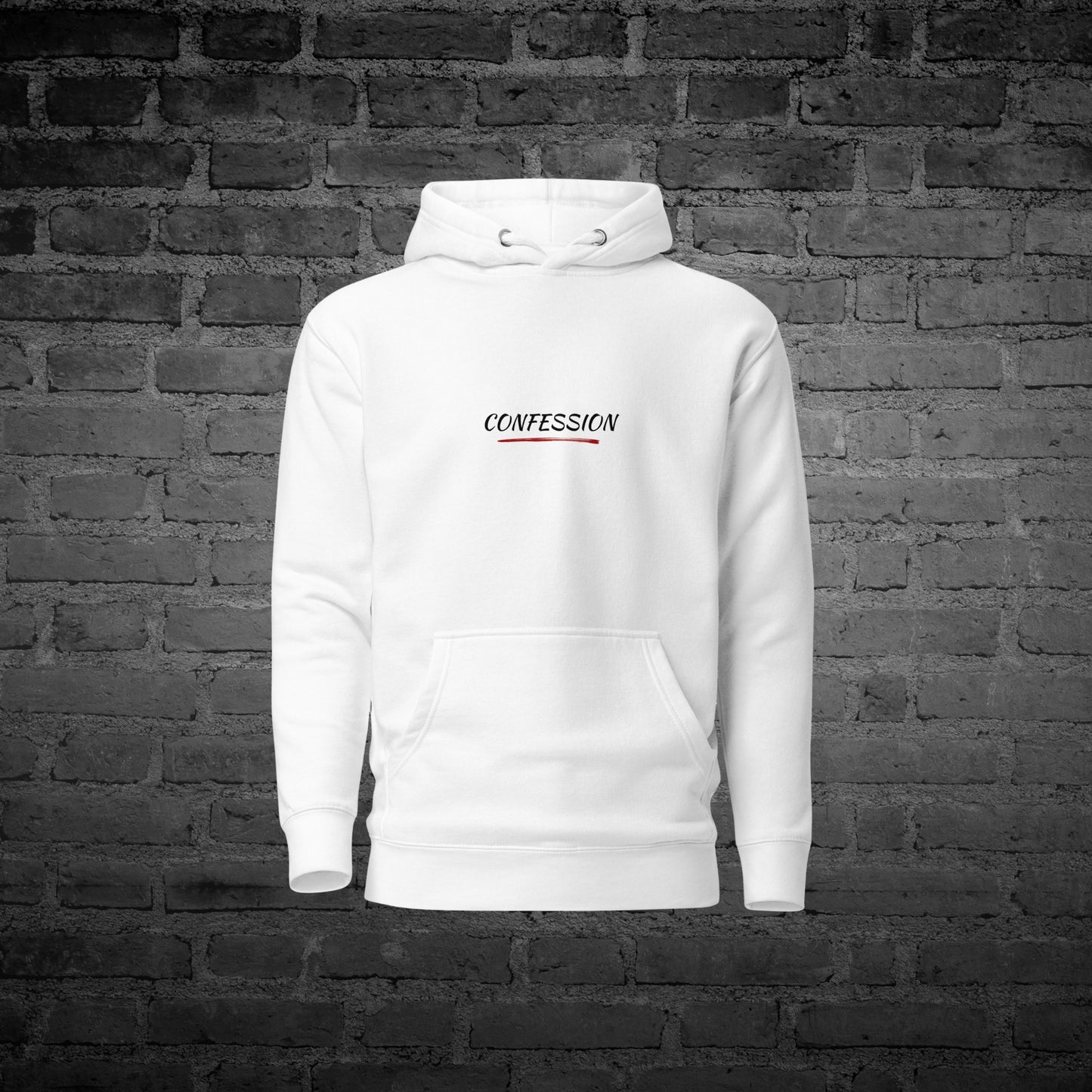 White  Filling the Void Hoodie front view with recovery honesty text design.