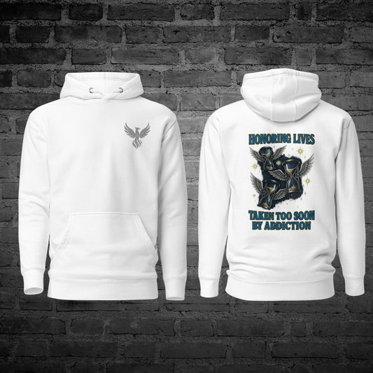 Honoring Lives Hoodie front and back view with tribute text design.