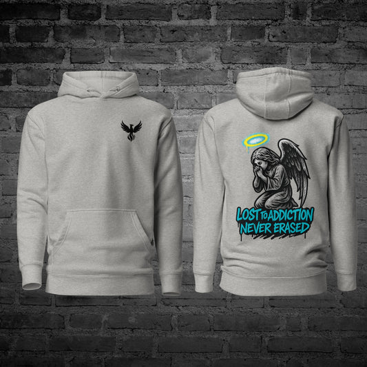Never Erased Hoodie front and back view with remembrance text design.