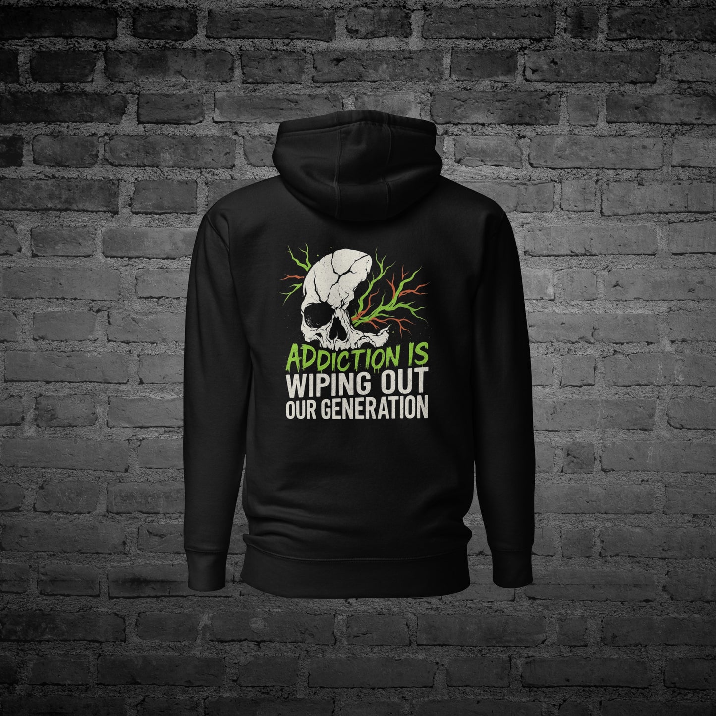 Black Our Generation Hoodie back view with “Our Generation” awareness text design.