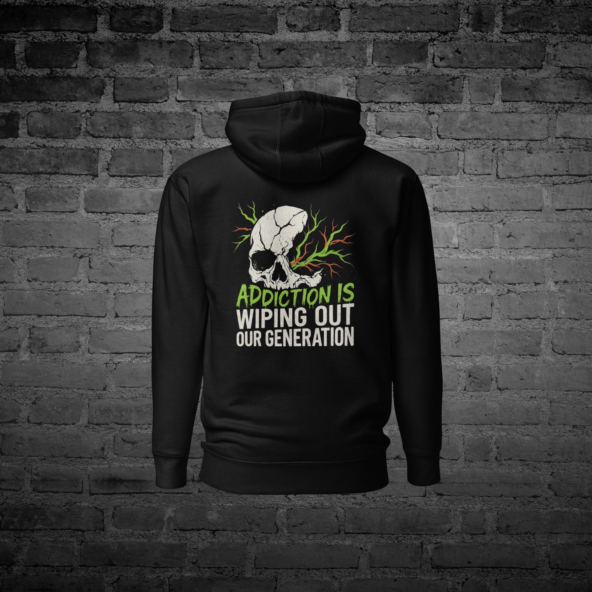 Black Our Generation Hoodie back view with “Our Generation” awareness text design.