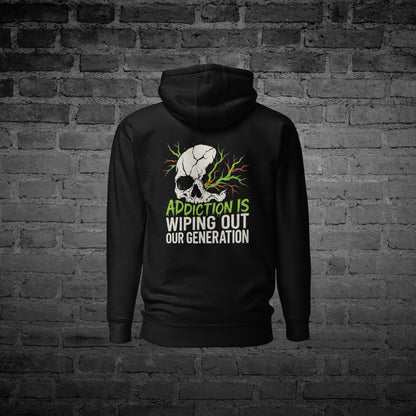 Black Our Generation Hoodie back view with “Our Generation” awareness text design.