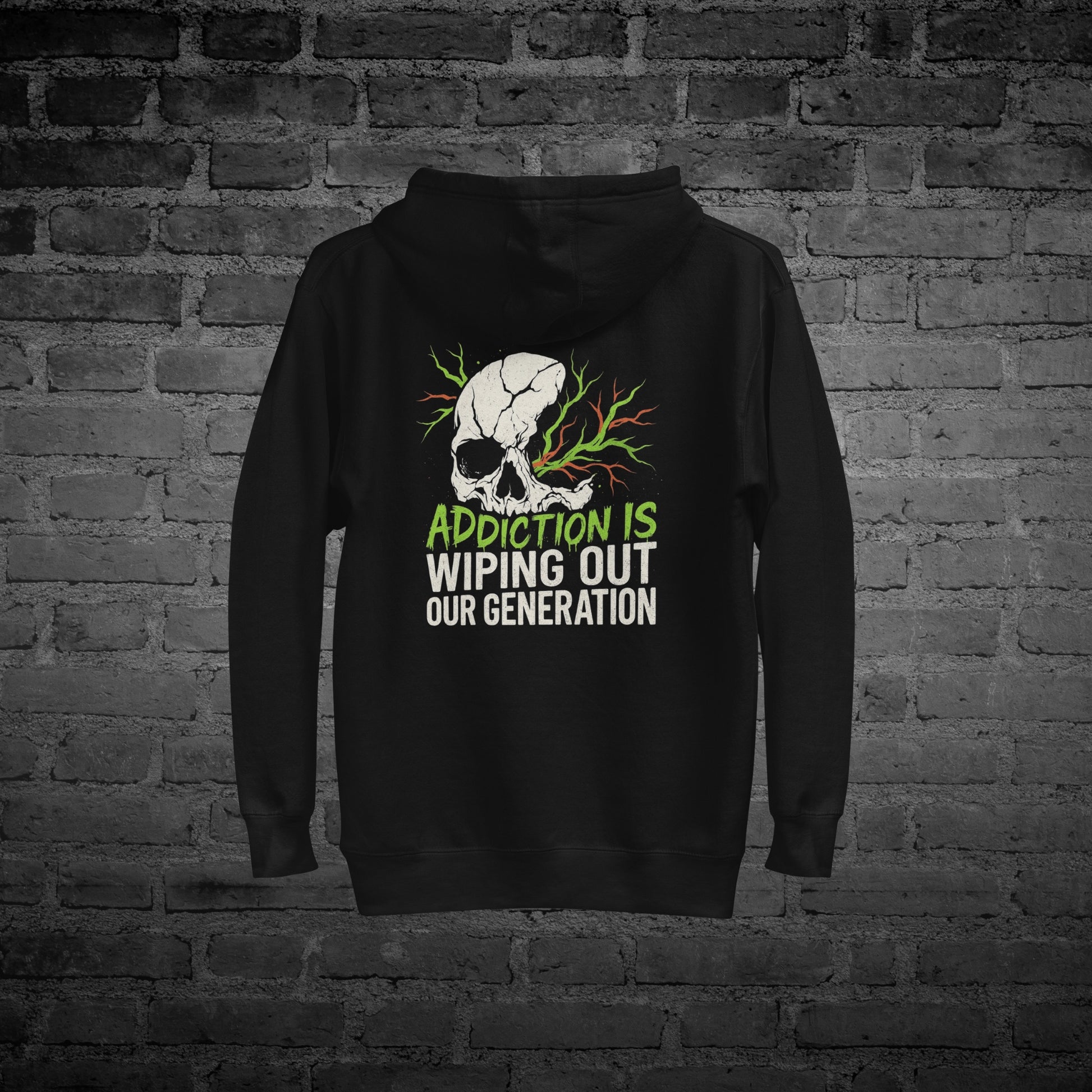 Black Our Generation Hoodie flat lay back view with “Our Generation” awareness text design.