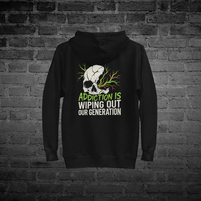 Black Our Generation Hoodie flat lay back view with “Our Generation” awareness text design.