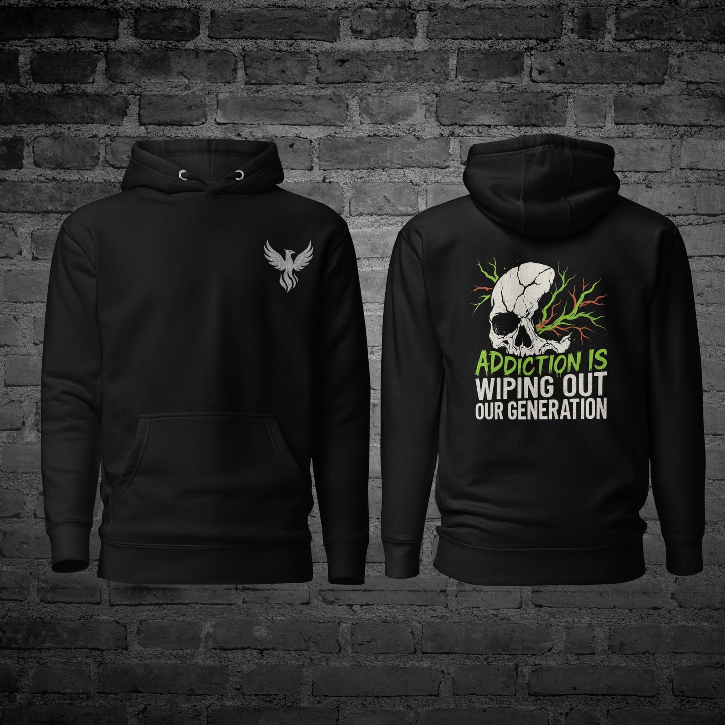 Black Our Generation Hoodie front and back view with awareness text design.