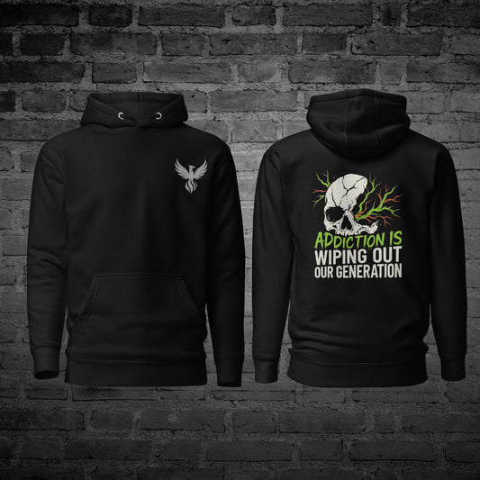 Black Our Generation Hoodie front and back view with awareness text design.