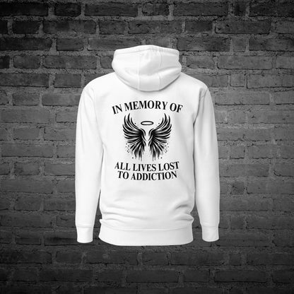 White back view with remembrance text design.