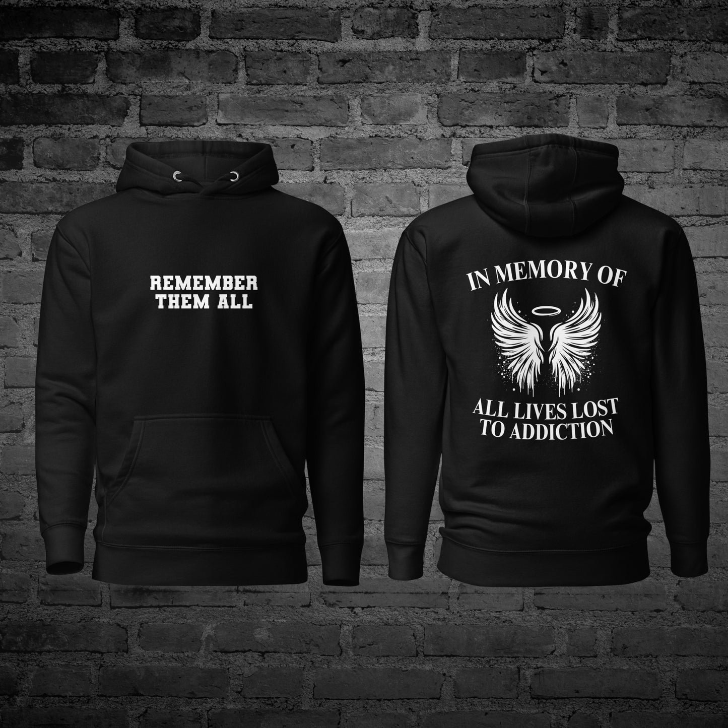 Black Remember Them All Hoodie front and back view with remembrance text design.