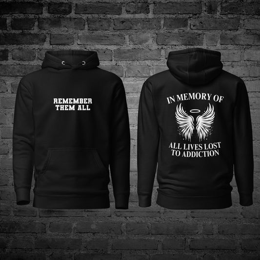 Black Remember Them All Hoodie front and back view with remembrance text design.