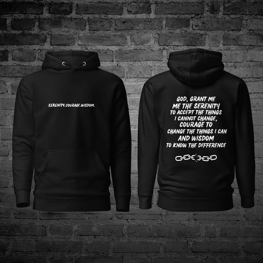 Black Serenity Courage Wisdom Hoodie front and back view with recovery affirmation text design.