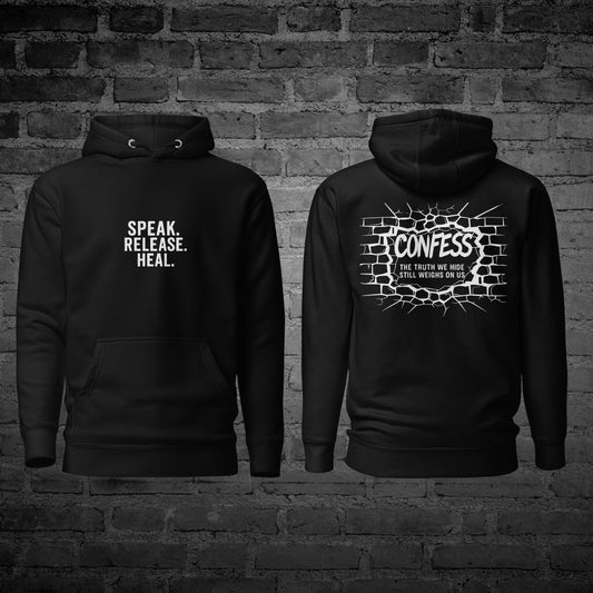 Black Speak Heal Release Hoodie front and back view with healing and recovery text design.