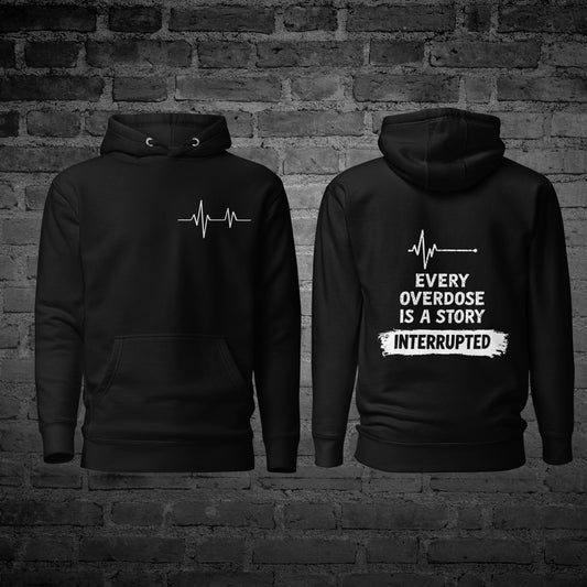 Black Story Interrupted Hoodie front and back view with ECG heartbeat awareness design.