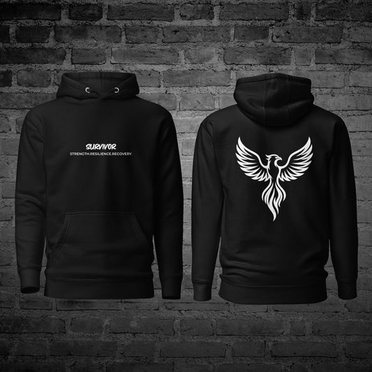 Black Strength and Resilience Hoodie front and back view with survivor empowerment text design.