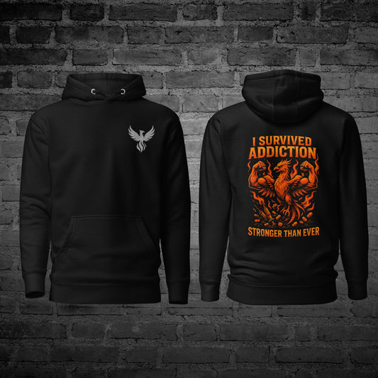 Black Stronger Than Ever Hoodie front and back view with recovery strength text design.