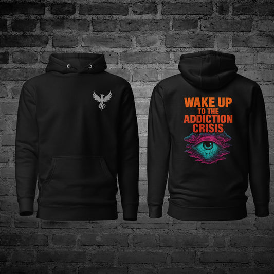 Black Wake Up to the Crisis Hoodie front and back view with awareness text design.