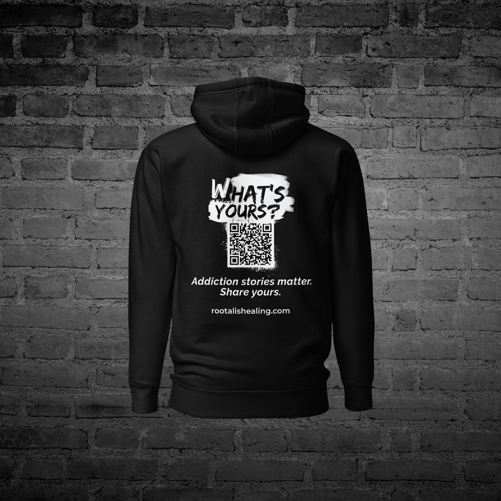 Black Whats Yours Hoodie back view with “Whats Yours” awareness text design.