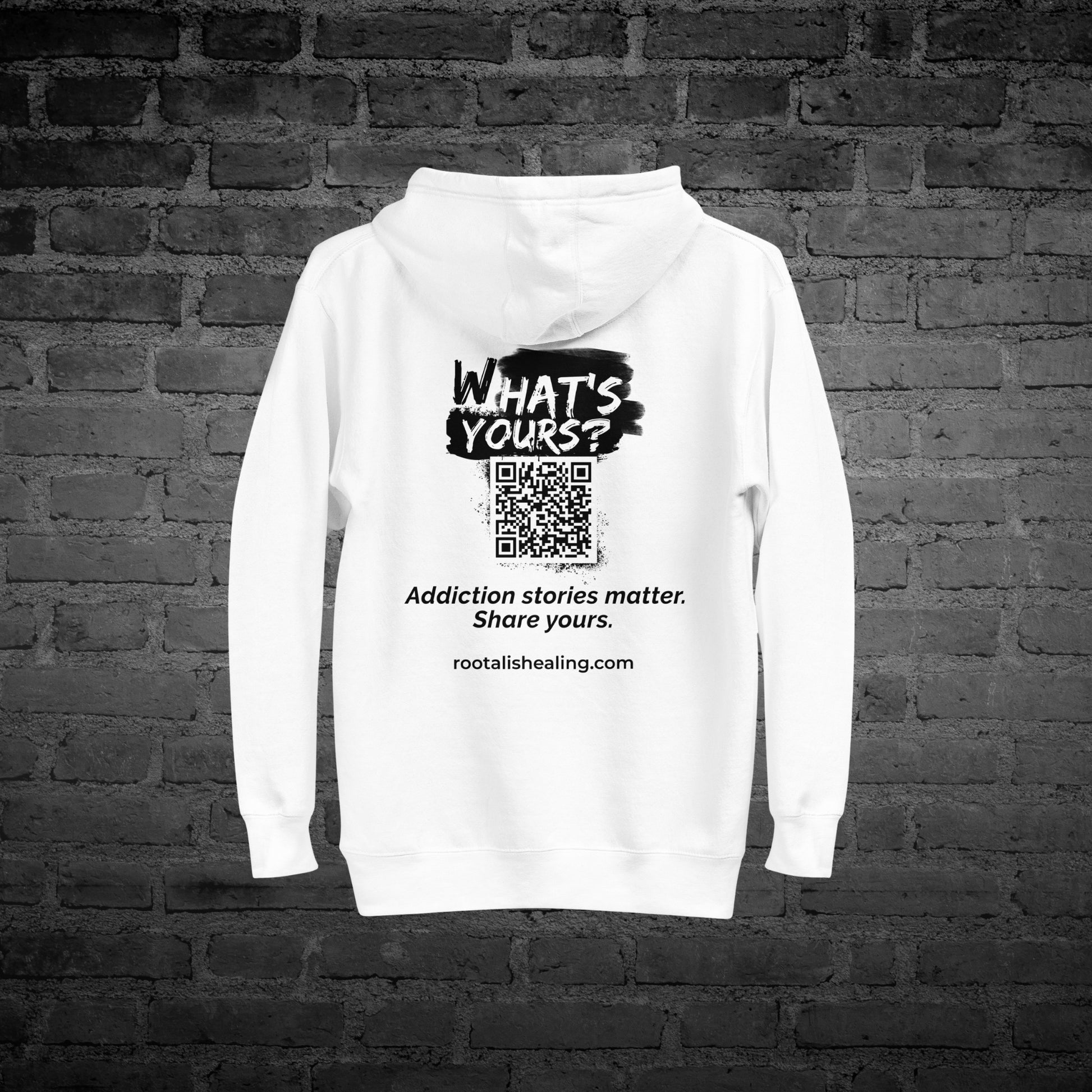 White Whats Yours Hoodie flat lay back view with “Whats Yours” awareness text design.