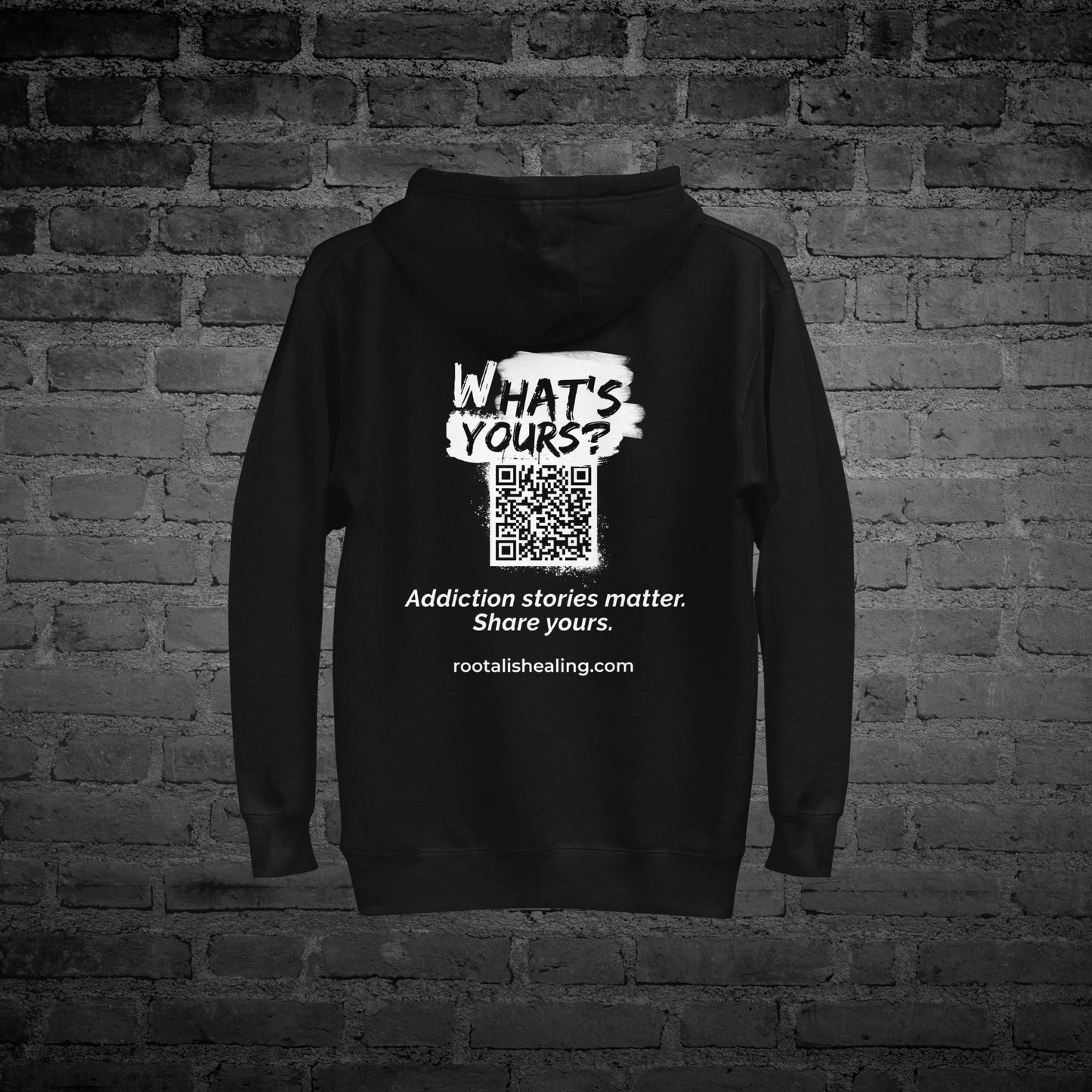 Black  Whats Yours Hoodie back view with “Whats Yours” awareness text design.