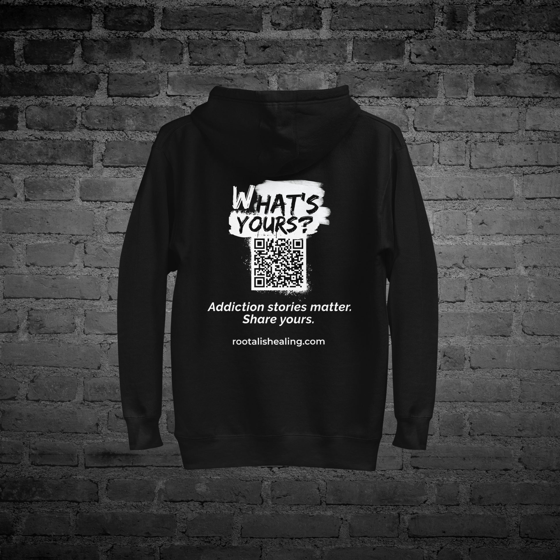 Black  Whats Yours Hoodie back view with “Whats Yours” awareness text design.