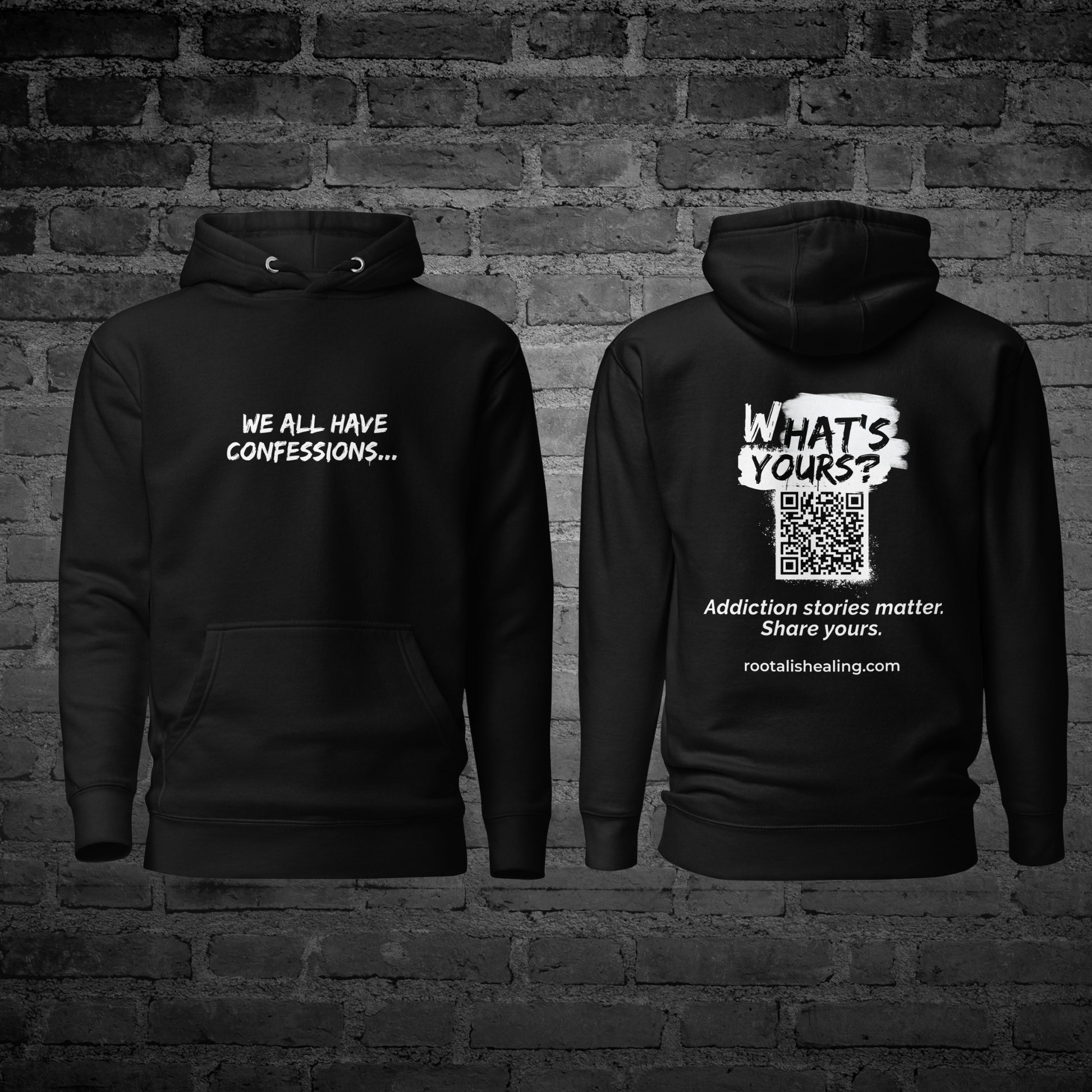Black Whats Yours Hoodie front and back view with awareness question design.