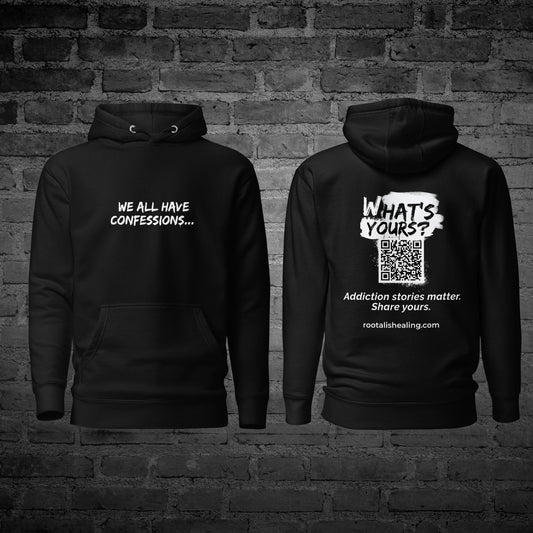 Black Whats Yours Hoodie front and back view with awareness question design.