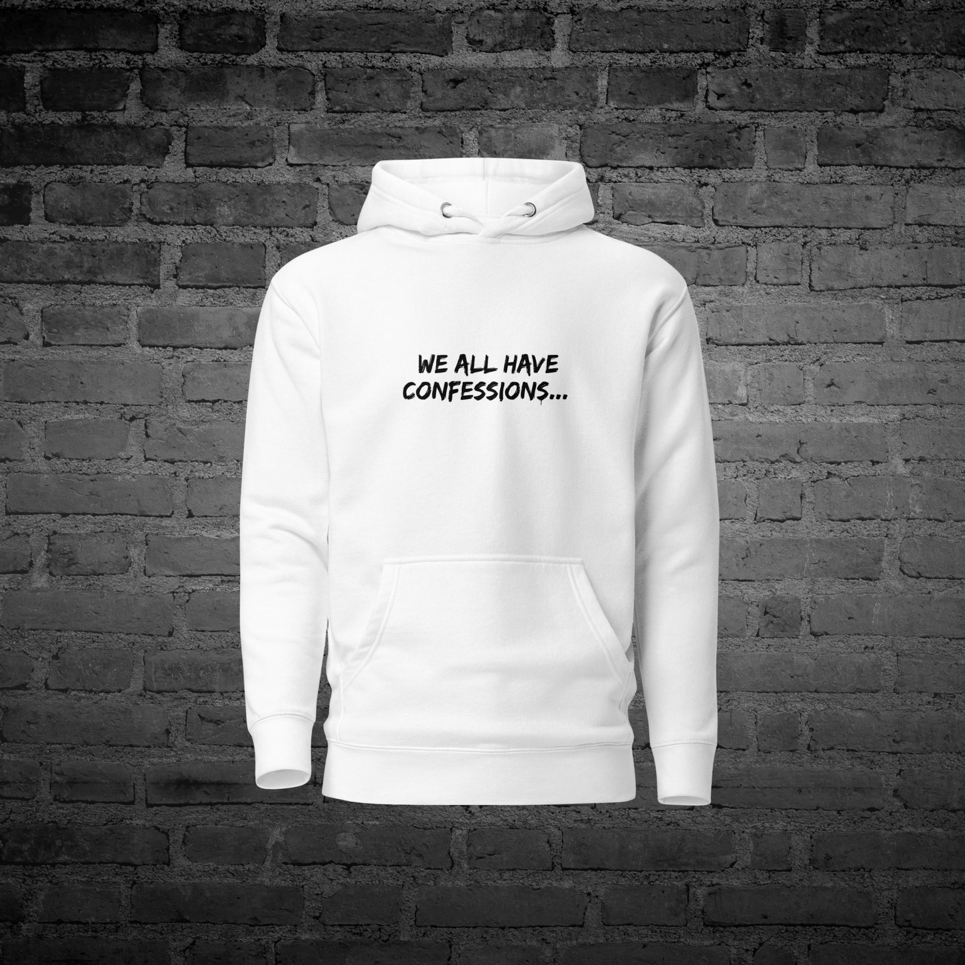 White  Whats Yours Hoodie front view with awareness question text design.